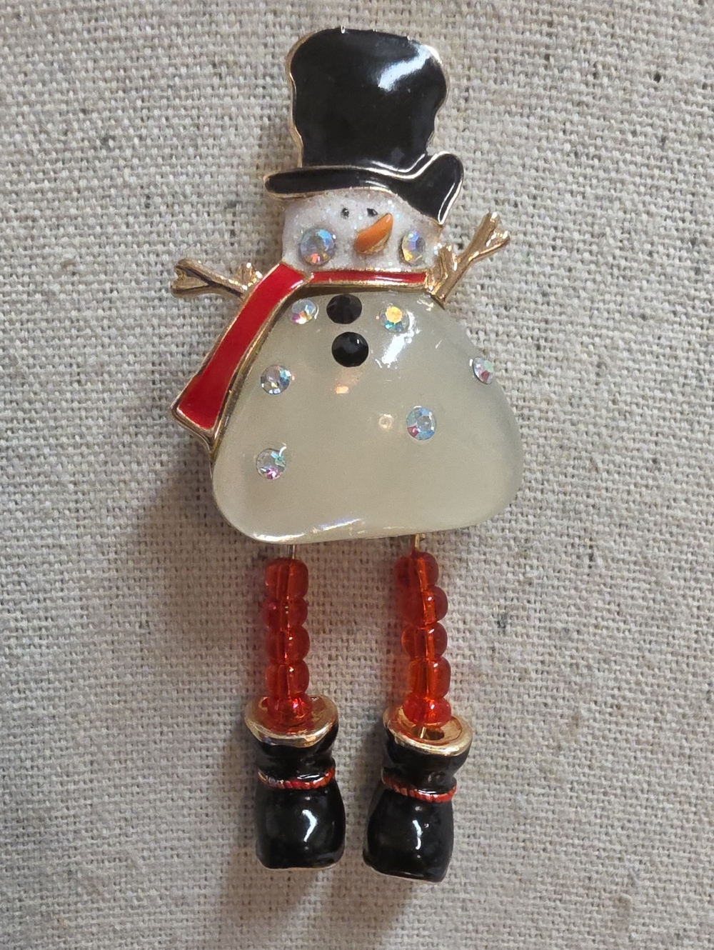 Whimsical Snowman Jelly   Belly Enamel Brooch with Red  Glass Beaded Legs